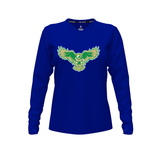 [CUS-DFW-TEES-CMF-VNK-LSL-RYL-FYXS-LOGO2] Decker Comfort T-Shirt (Female Youth XS, Royal, V Neck, Logo 2, Long Sleeve)